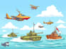 drawing boats, tanks and planes in cartoon illustration