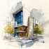 sketch architecture building with watercolor rendering