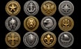 design realistic 3d gold silver logo challenge coin, navy badge, token