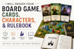 design board game, card game, characters and rulebook for tabletop rpg