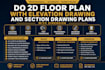 provide 2d floor plan and elevation drawing and section drawing plans in autocad