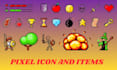 create 2d game assets, pixel icon, props, object, weapons pixel vfx
