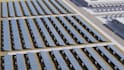 convert 2d to industrial solar panel, warehouse layout, drone site cgi rendering