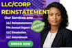 do US llc or corp reinstatement, amendment , dissolution, llc address change