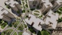 rebuild apartment complex, urban masterplan render, communal layout, arieal view