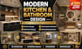 design modern kitchen and bathroom interior with realistic 3d rendering