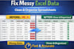 clean, merge, split, format excel data