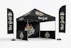 design a modern canopy tent, table cover and feather flag