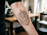 do black and white geometric custom tattoo, monoline logo