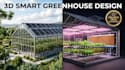 create 3d prefab greenhouse design solar panel, lightning and irrigation system