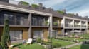 develop modern townhouse exterior from 2d sketch, visualize residential complex