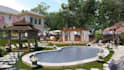 create 3d landscape design for rendering for backyard patio and pool area