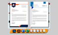 design corporate letterhead, business card, envelope, and editable invoice