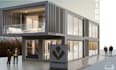 design uk container office, cafe, facade, hardscape, night render
