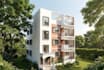3d rooftop residential space, cantilevered balcony design, modern facade render