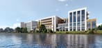 resort complex render from 2d plan, location map to site model, beach building