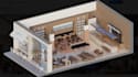 3d isometric cafe interior, coworking, study space, midcentury furniture render