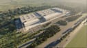 redesign 3d warehouse exterior, logistic center site layout render, internal cgi
