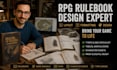 design rpg tabletop rulebook, handbook layout with maps, tables character sheets