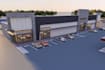 make 3d gas station commercial space, outer design render, landscape site layout