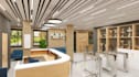 realistic cgi render for office interior layout, reception lobby 3d visual, cafe