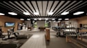 render 3d gym interior layout,indoor golf simulator design,padel court 3d visual