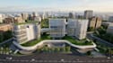 infrastructure commercial tower building,mixed use property,glass facade,ue5 cgi