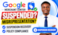 fix google merchant center suspension and misrepresentation