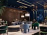 stylish restaurant, cafe interior design with realistic 3d render, bar,2d layout
