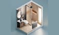 create a professional 3d isometric room render with technical views,