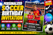 create a personalized soccer kids birthday invitation with cake topper