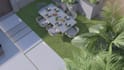 design backyard landscape, patio, pool, garden with realistic 3d rendering