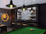 render 3d billiard room design,pool table green felt,basement bar,game lounge