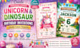 create unicorn and dinosaur birthday invitations, editable canva, party template