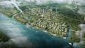 design eco friendly 3d city masterplan, waterfront development,central park,dwg