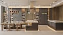 design modern 3d kitchen interior, photorealistic rendering, dining area,2d plan