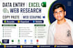 do data entry, web research, web scraping, excel data entry