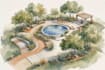 draw landscape architecture art in watercolor style