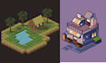 design isometric pixel game art, pixel art scenes, 2d pixel environment design