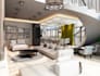 render luxury living room interior, open concept layout, 3d visualization