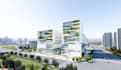 visualize 3d mixed use commercial complex, urban office building, high rise cgi