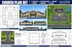 do church plan, elevation drawing, driveway, sections, foundation and site plans