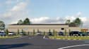 3d warehouse complex render, commercial site plan, industrial parking layout cgi