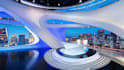 do 3d tv studio setup interior design for news broadcast, podcast, shows design