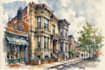 sketch architecture building with watercolor rendering