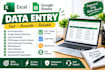 do excel and google sheets data entry, copy paste and web research