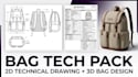 create bag tech pack, 2d technical drawing and 3d bag design