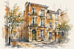 sketch architecture building with watercolor rendering