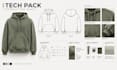 create a hoodie tech pack with technical flats, bom and specs for production