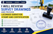 review survey drawings provide licensed surveyor stamp and certification